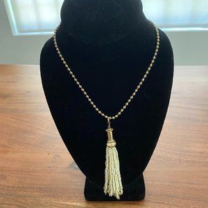 Vintage Ivory-Hued Beaded Tassel Pendant Necklace